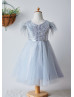 Feather Sleeves Silver Sequin Gray Tulle Amazing Flower Girl Dress